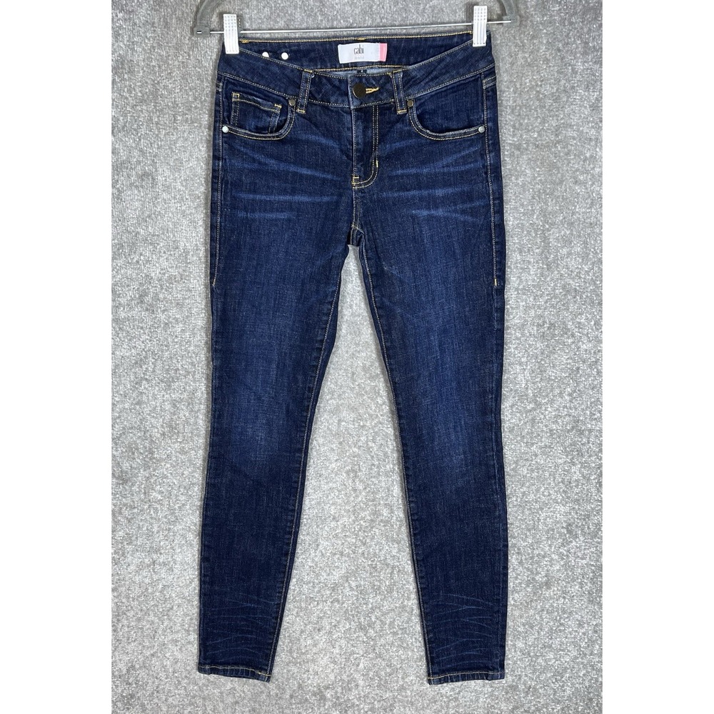 Cabi Low Rise Skinny Jeans Womens Sz 2 Blue Dark Wash Stretch Distressed Pockets